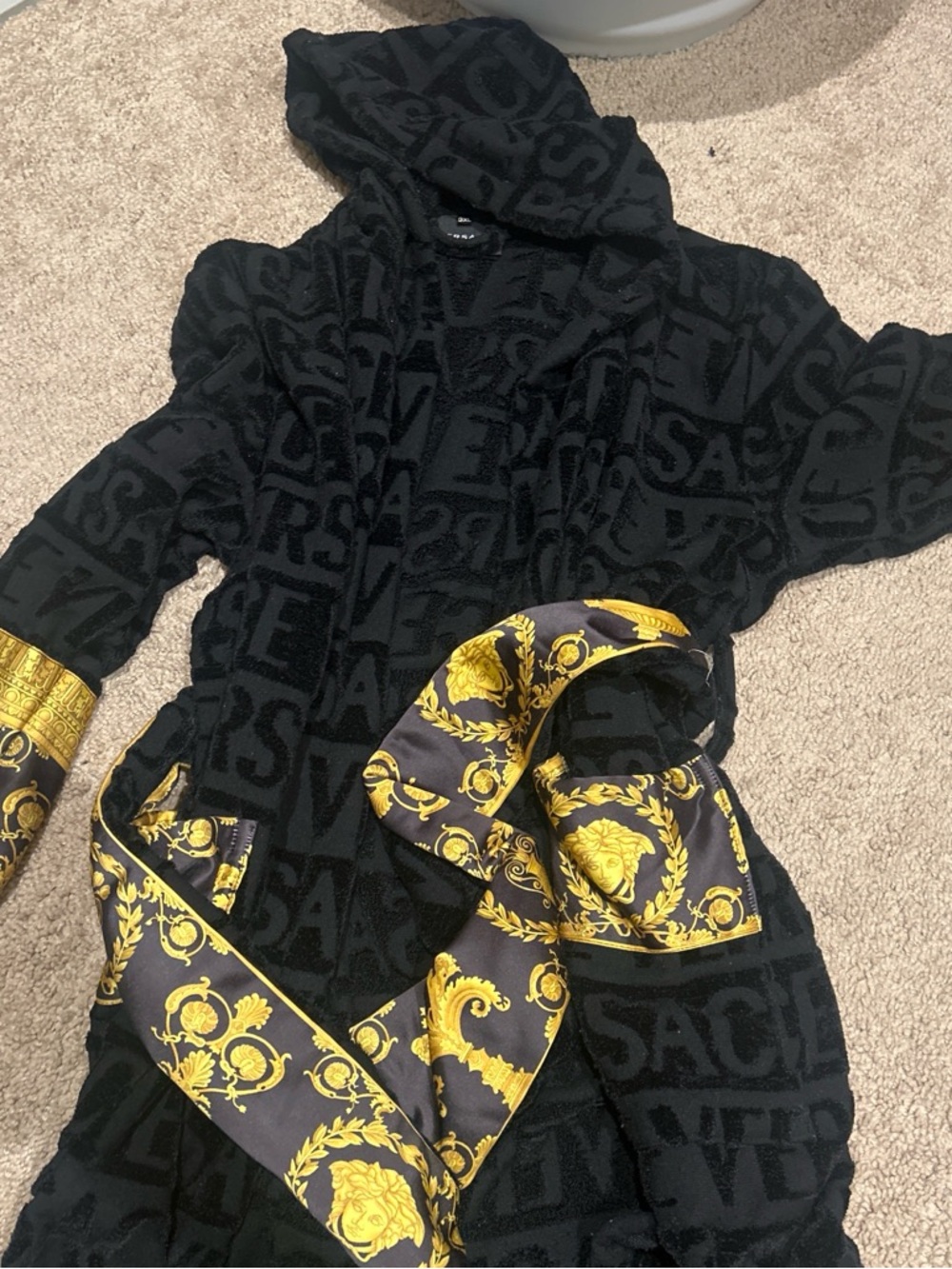 Versace Black Hooded Robe with White Logo Tag